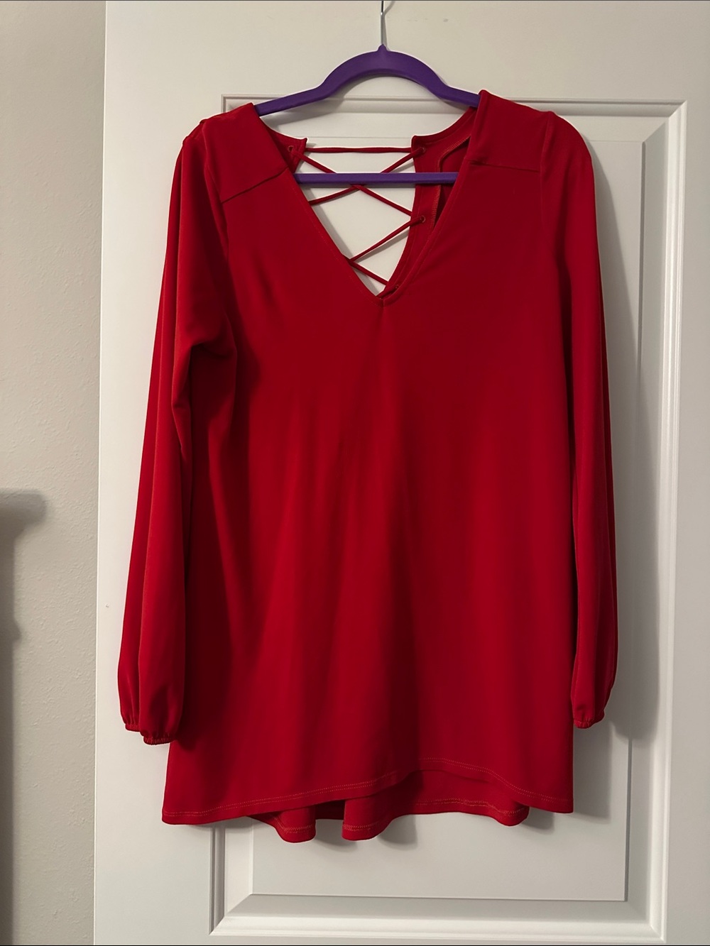 Express Red Long-Sleeve V-Neck Tunic with Crisscross Back